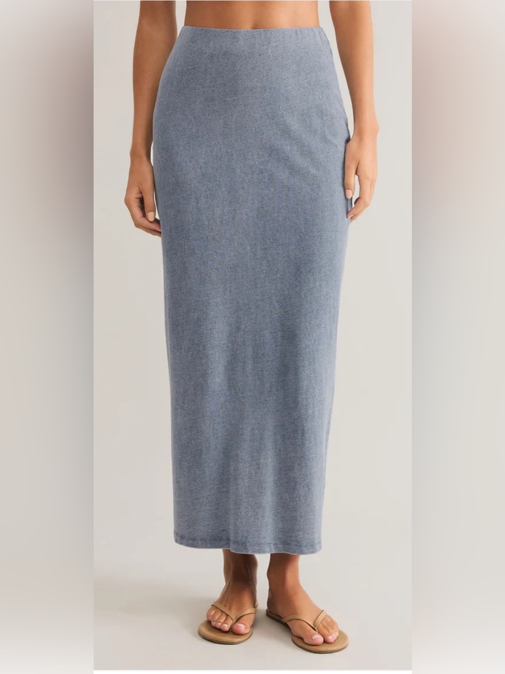 Z Supply Women's Medium Blue Acid Wash Knit Maxi Skirt with Front Slit